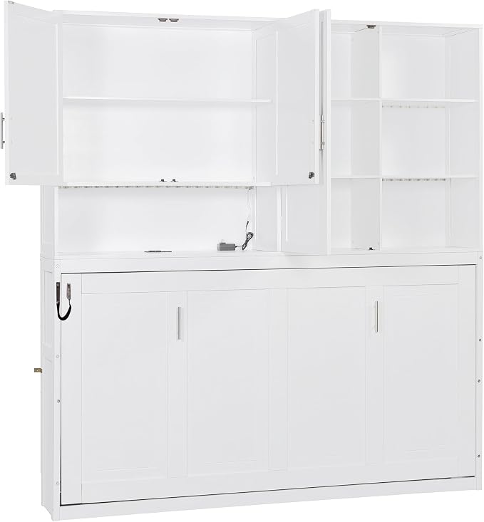 Ball & Cast Murphy Bed Twin Bed Frame with Top Cabinet,Hideaway Bedframe w/Shelves and Dual-Piston Metal Folding Mechanism,Space Saving Foldable Bed w/Light & USB,for Small Room,White