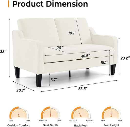 VINGLI Loveseat Mid-Century Modern Loveseat Sofa Couch 53" Wide 2 Seater Sofa Couch Love Seat with Scooped Armrest for Small Spaces, Living Room, Dorm, Bedroom, Apartment (Creamy White)
