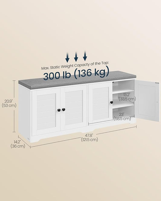 SONGMICS HOME 3-Tier Entryway Bench, Shoe Bench with Padded Seat, for Hallway, Bedroom, 14.2 x 47.8 x 20.9 Inches, White and Gray