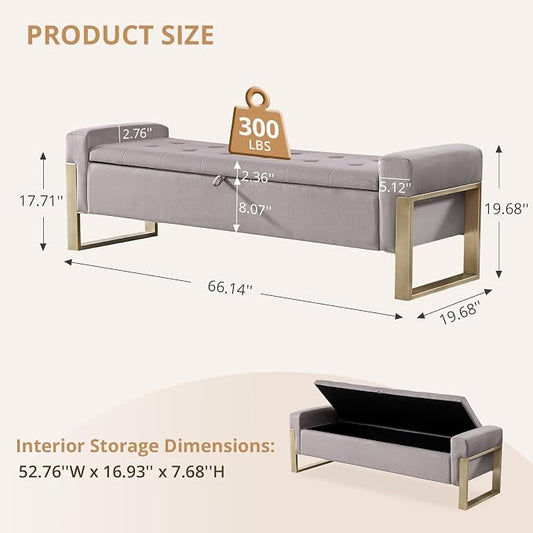 End of Bed Storage Bench, 67'' Benches for Bedroom Foot of Bed King Size, Upholstered Velvet Storage Ottoman Bench with Gold Legs for Window Living Room Entryway, Khaki Grey