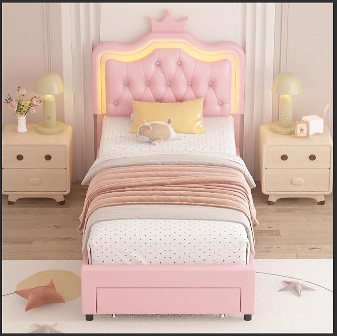 Keyluv Twin Upholstered LED Bed Frame with Storage Drawer, Leather Princess Platform Bed with Adjustable Crystal Button Tufted Crown Headboard, Solid Wooden Slats Support, No Box Spring Needed, Pink
