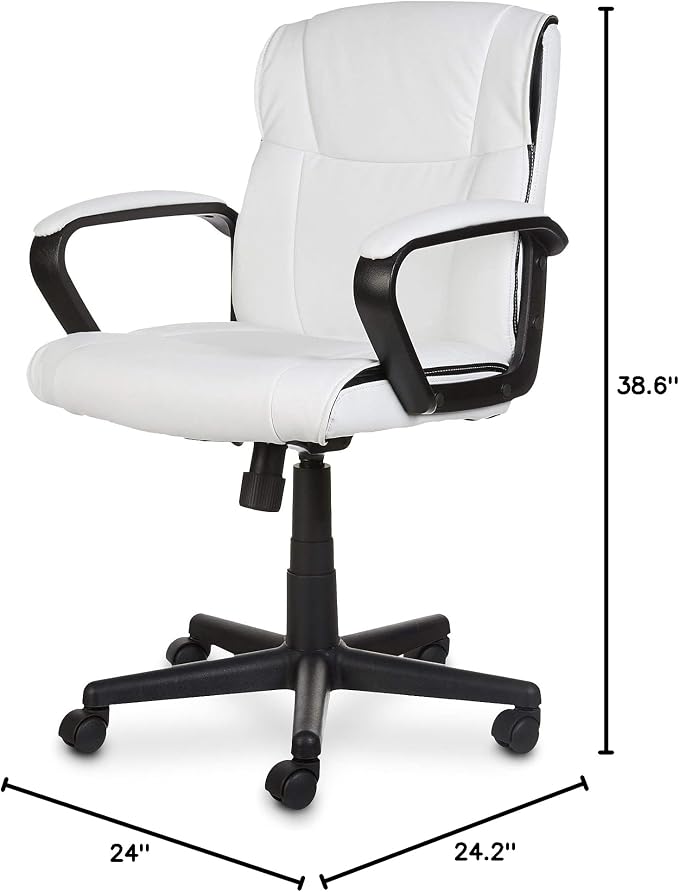 Amazon Basics Office Task Chair with Adjustable Height, 360° Swivel, Padded Armrests, Mid-Back, 275 Pound Capacity, BIFMA Certified, 24.2"D x 24"W x 38.6"H, White Faux Leather
