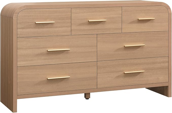 Curved 7 Drawer Dresser for Bedroom, 53.82'' Wide Chest of Drawers, Modern Storage Cabinet for Hallway & Living Room TV Stand, FSC Certified 1.18" Thick Board, 100 lbs Top Weight, Oak