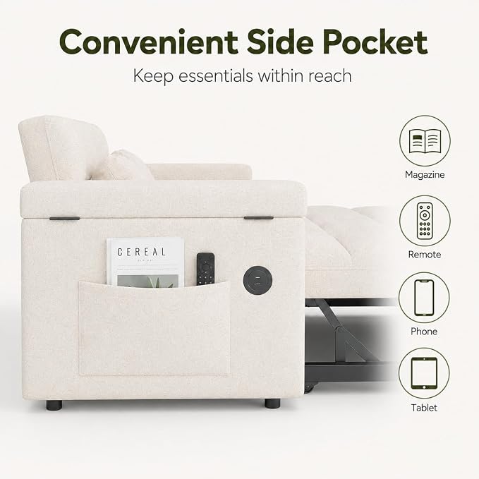 65'' Sleeper Sofa Bed, Pull Out Couch with Side Table | USB Charging Port | Adjustable Backrest | Chenille Fabric, Convertible Loveseat for Living Room, Apartment, Small Spaces (Beige)