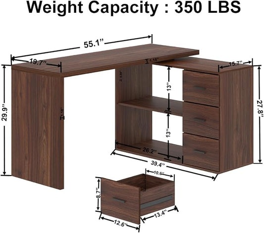 HSH Walnut Home Office Desk L Shaped with Drawers, Reversible Wood Computer Desk Table for Executive Work Writing Study Gaming, Rustic Corner L Desk with Storage Cabinet Shelves for Bedroom, 55 Inch