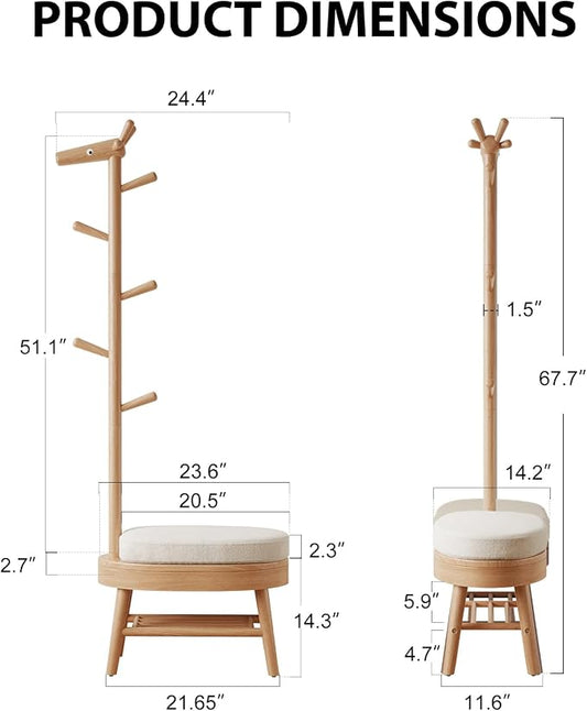 AQIMUELE Entryway Shoe Rack with Coat Rack, Wooden Shoe Bench with Upholstered Cushion, 3-in-1, 2-Tier Shoe Storage and Cute Animal Hooks for Entryway, Hallway, Closet (Natural 24.4")