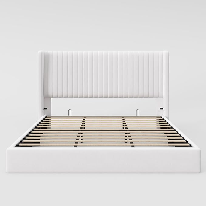 Allewie King Size Lift Up Storage Bed Frame, Hydraulic Support System, Upholstered Platform Bed Frame, Underneath Storage, Vertical Channel Tufted Headboard with Wingback, No Box Spring Needed, White