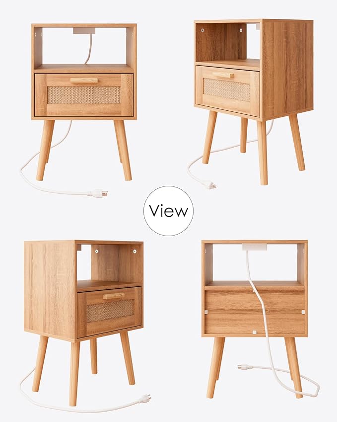 Aienvey Rattan Nightstand with Charging Station, Small Night Stand, Side Table with Drawer Open Shelf, Cane Accent Bedside End Table with Wood Legs, Modern Nightstand for Bedroom, Oak (Modern)