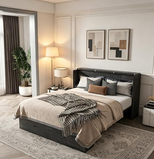 Bellemave Full Murphy Bed with Mattresses and Charging Stations and Storage Drawer, Farmhouse Murphy Cabinet Bed with Foldable Panel, Noisy Free, for Guest Bedroom, Living Room, Carbon Black