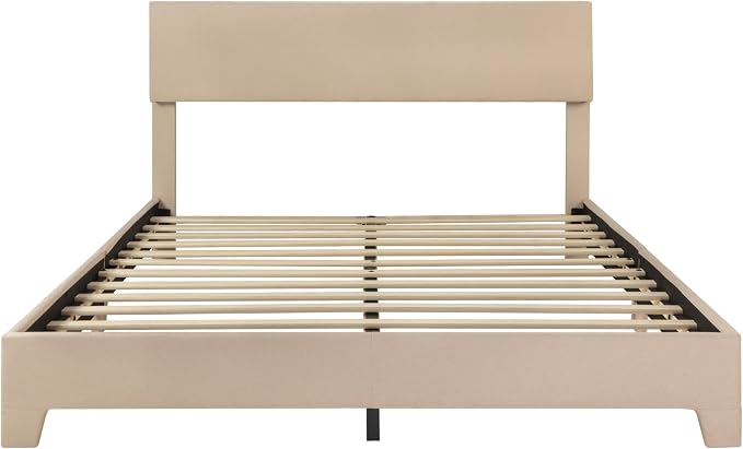 SHA CERLIN Linen Upholstered Queen Size Bed Frame with Headboard, Beige | Adjustable Low-Profile Platform Bed, Minimalist Design, Stable Mattress Foundation, Strong Back-Support, No Box Spring Needed