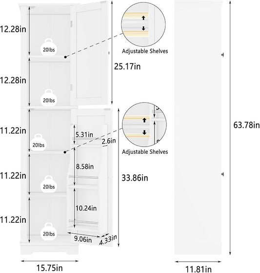 Function Home Tall Storage Cabinet, 64" Narrow Bathroom Cabinets, Freestanding Kitchen Pantry with Door Storage Shelves, Wooden Slim Floor Cabinets for Kitchen Dining Living Room, White