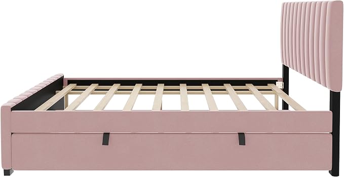 Bellemave Full Bed Frame with Trundle Bed,Velvet Upholstered Platform Bed Frame,Full Size Trundle Bed with Headboard for Kids Teens Adults(Pink)