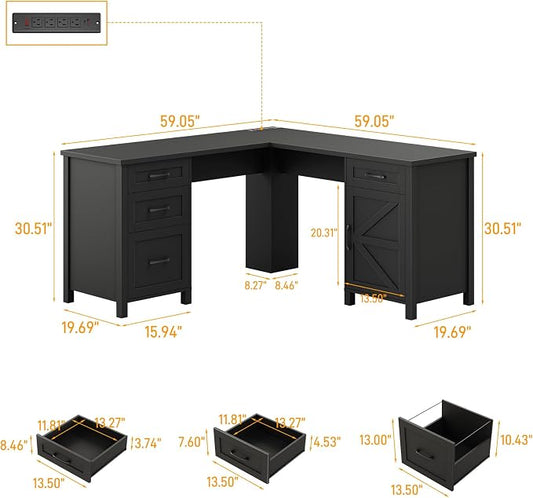 Halitaa 59” L Shaped Executive Desk with Power Outlets, Farmhouse Home Office Desk with File Drawer,Storage Cabinet, Wood Corner Sturdy Writing Workstation.Black