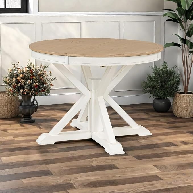 LUMISOL 42"-54" Extendable Round Dining Table for 4-6, Farmhouse Round to Oval Kitchen Table with 12" Removable Leaf and Pedestal Base for Dining Room, Living Room, Oak Natural Wood+Off White