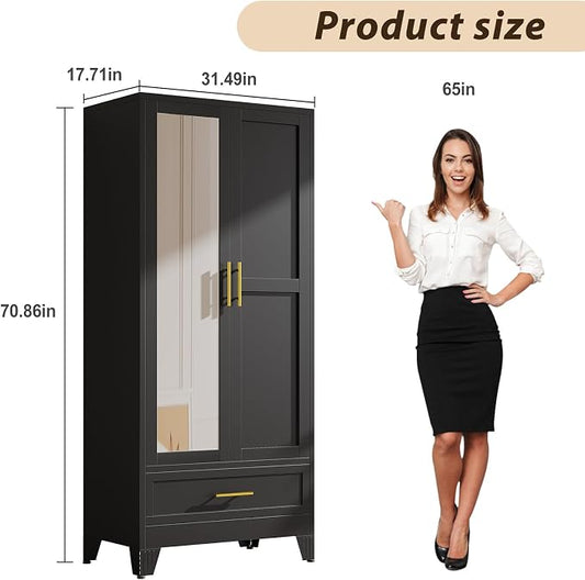 Metal Wardrobe Storage Cabinet with Mirror and Hanging Rod,71'' Metal Clothing Cabinet with 2 Doors and Drawer for Bedroom, Laundry Room, Cloak Room (Black)