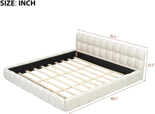 King Size Upholstered Platform Bed with Thick Fabric,Low Wood Grounded Bed W/Headboard & Footboard,Slat Support,No Box Spring Needed, Easy Assemble,Beige