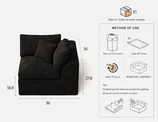 36 Inch Corner Seat | Modular Sectional Couch Sofa | Black