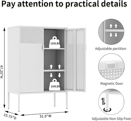 White Metal Storage Cabinet with 2 Doors - 47''H Locker Cabinet, 3 Tier Locker Door with Adjustable Shelves,Metal Sideboard for Home, Living Room,Office Kitchen and Bathroom