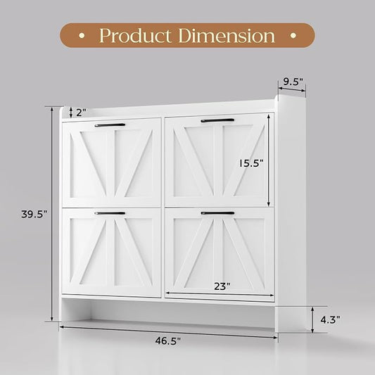MU Shoe Storage Cabinet with 4 Flip Drawers, Freestanding Shoe Cabinet, Slim Shoe Organizer with Wood Legs for Entryway, White