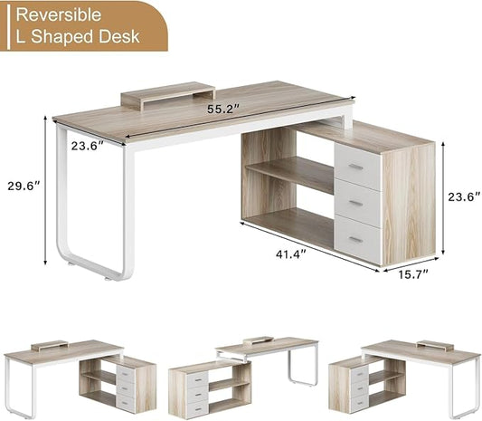 MaverickFurni 55" L Shaped Desk with Drawers and Shelves, Home Office Desk with Monitor Stand for Work Writing Study, Reversible Corner Desk with Storage, White and Walnut