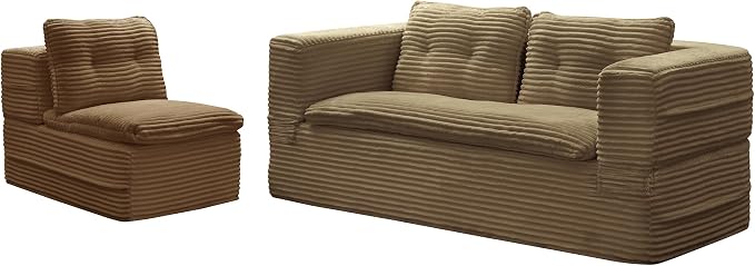 80'' Futon Sofa Bed, King Size Foldable Sleeper Sofa, Corduroy Boneless Loveseat Couch with Chaise Lounge, 3 Pillows, Blanket, Upholstered Sectional Couches for Living Room, Bedroom, Camel