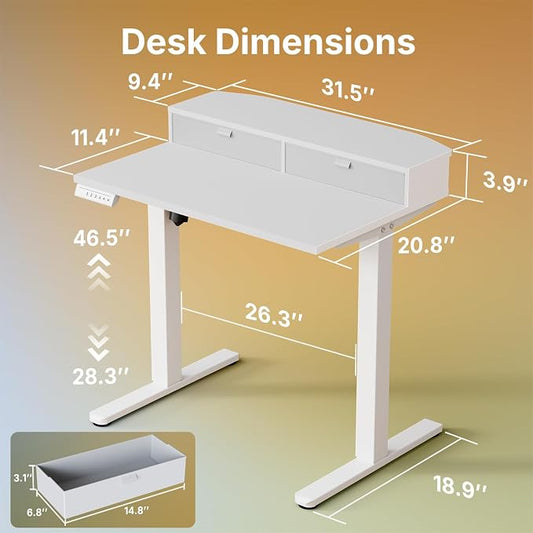 HUANUO 32" X 21" Electric Standing Desk with 2 Drawers, C-Clamp Mount Compatible, Height Adjustable Computer Desk, Home Office Stand Up Desk with 4 Preset Heights & 2 Hooks, White