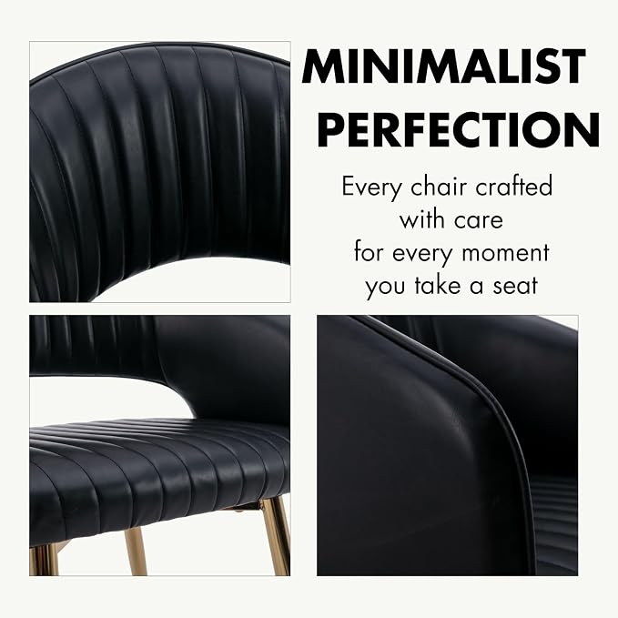 Hyfirm Dining Chairs Set of 2, Black Side Chairs with Hollow Back, PU Leather Upholstered Accent Chairs with Gold Metal Legs, Modern Kitchen Chairs for Living Room Restaurant