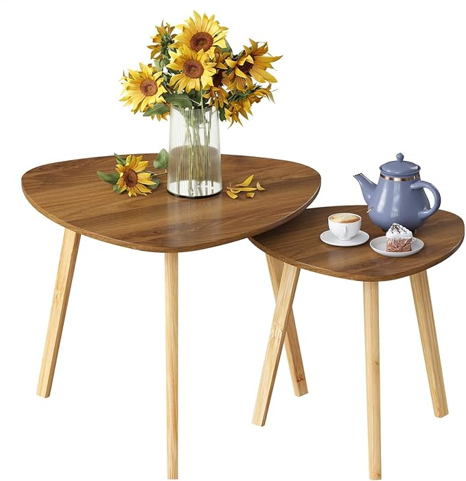 BAMEOS Bamboo Nesting Triangle End Table,Set of 2 Side Table Modern Minimalist Coffee Table for Living Room (Walunt)
