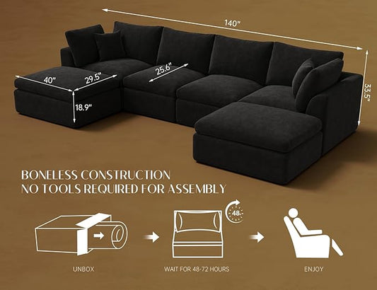 ohllob 140" U Shaped Couch, Cloud Sectional Couches for Living Room, Boneless Couch with Ottoman, Oversized 4 Seater Modular Sectional Sofa, Black