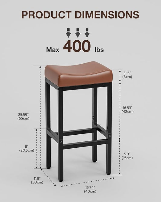 Bar Stools Set of 2-24 Inch Counter Height Chairs for Kitchen Island, Leather Seat with 400 LBS Heavy-Duty Metal Frame and Adjustable Feet, Easy to Assemble for Bar, Café or Dining Room,Brown