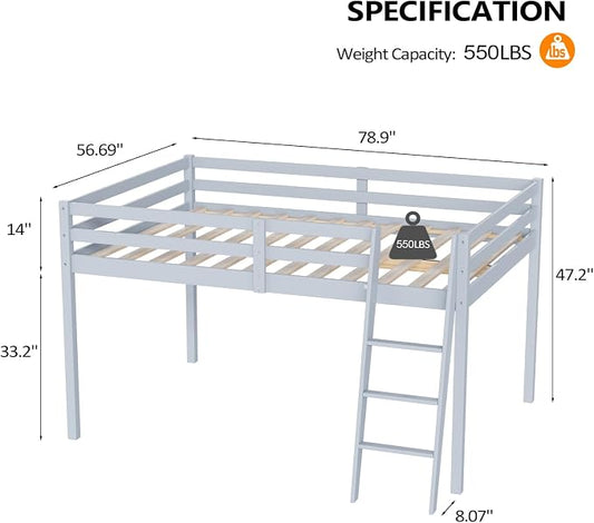 VINGLI Junior Low Loft Bed with Inclined Stairs,Gray Wood Loft Bed Full Size for Adults, Kids and Young Teens, No Box Spring Required,Wood Slat Support