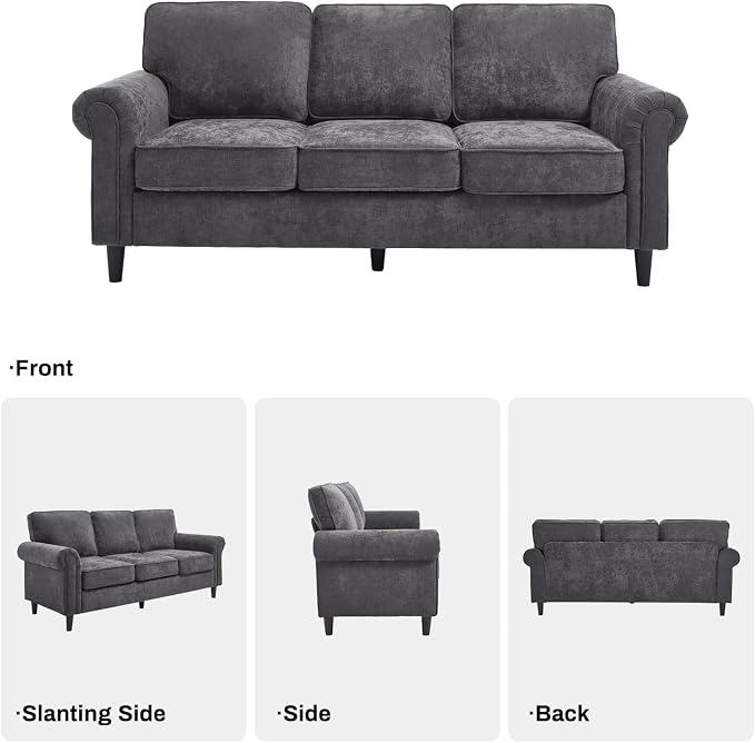 Kingfun 3 Seater Couch, Mid Century Modern Sofa with Rolled Arms and Deep Seats, Fluffy Comfort for Living Room, Apartment, Easy Assembly, Gray
