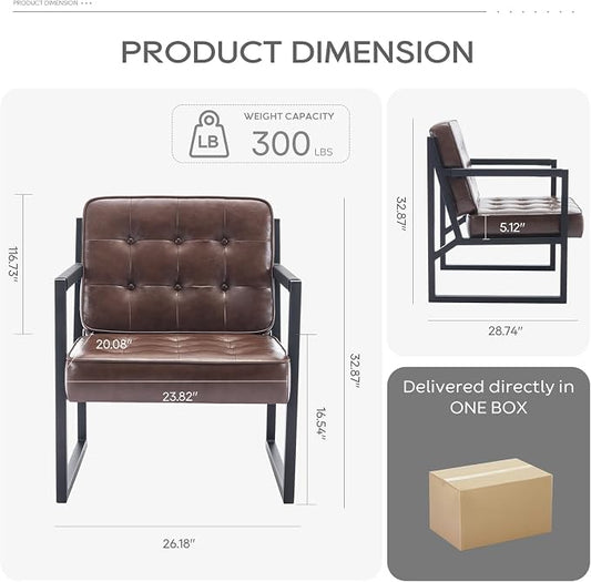 COLAMY Mid Century Modern Accent Chair Set of 2, Comfy Living Room Chair, Brown Leather Accent Chair, Faux Leather Reception Armchair with Metal Legs for Living Room Bedroom Reception Office, Brown