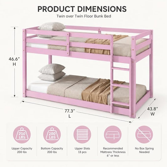Twin Over Twin Bunk Bed, Low Profile Wooden Frame for Kids Bedroom, Floor Bunk with Ladder and Guardrails, Rubber Wood Construction, 13 Plywood Slats, No Box Spring Needed (Pink)
