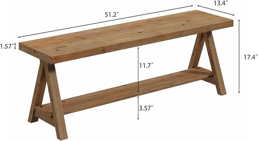 RowyPoey 51" Solid Wood Bench, Long Farmhouse Entryway Bench with Storage Shelf, Triangular Leg Design, Narrow Rustic Benches for Hallway, Bedroom, Dining, Kitchen