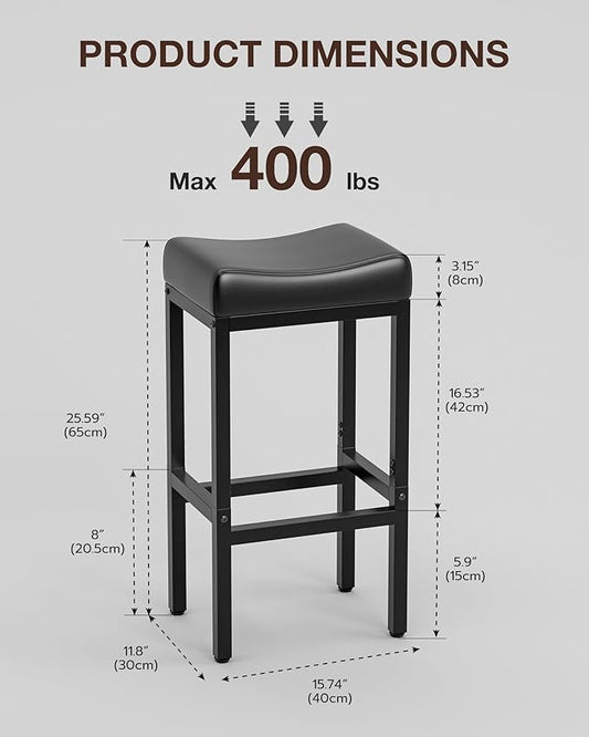 Bar Stools Set of 3-24 Inch Counter Height Chairs for Kitchen Island, Leather Seat with 400 LBS Heavy-Duty Metal Frame and Adjustable Feet, Easy to Assemble for Bar, Café or Dining Room,Black