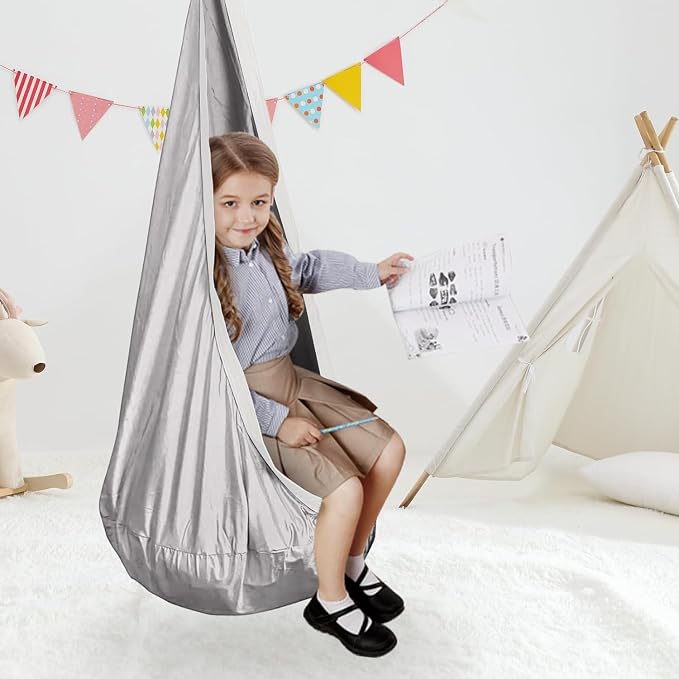 Kids Swing Seat Hammock Chair Indoor Outdoor Hanging Chair for Children,Soft & Safe with High Weight Capacity, Easy Install Perfect for Bedroom, Garden, Playroom (Gray)