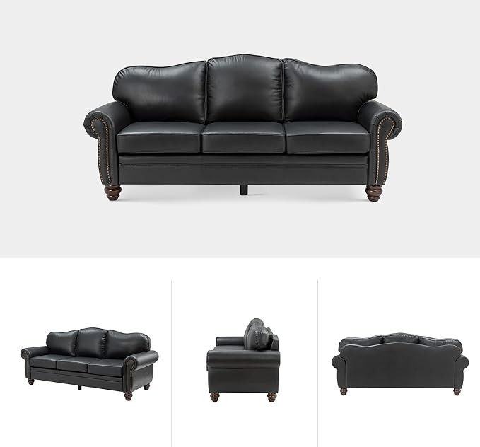 81" Genuine Leather Sofa, Classic 3-Seater Couchs with Wood Legs, Stylish & Comfortable Sofa for Living Room or Office, Easy Assembly and Maintain & Long-Lasting, Black