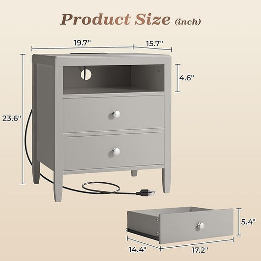 Huuger Grey Nightstand Set of 2, Night Stand with Charger Station, Bedside Table with 2 Drawers, Bed Side Tables for Bedroom, Modern Nightstands, Metal Knobs, Painted Surface