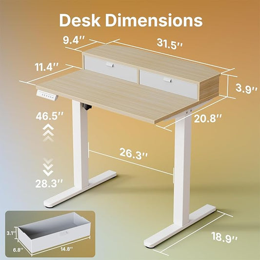 HUANUO 32" X 21" Electric Standing Desk with 2 Drawers, C-Clamp Mount Compatible, Height Adjustable Computer Desk, Home Office Stand Up Desk with 4 Preset Heights & 2 Hooks, Light Walnut
