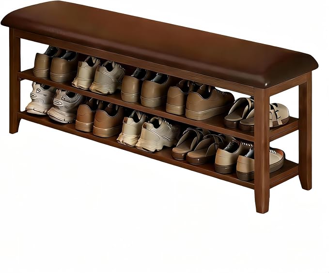 Shoe Bench Storage with Leather Cushion, Rustic Solid Wood Entryway Bench with 2 Height-Adjustable and Removable Shelves for Hallway, Living Room, Mudrooms (Dark Brown,47.2")