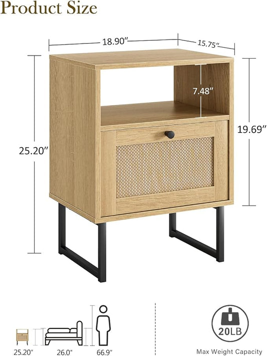 Masupu Extra Large Rattan Nightstand,Modern Boho Farmhouse Wood Bedside Table with Storage Drawer and Open Shelf, Black Frame Side End Table for Bedroom,Living Room,Office (Natural)