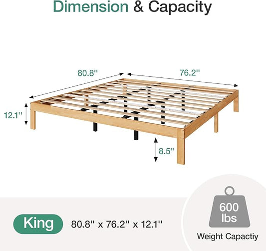 Novilla 12 Inch King Bed Frame, Classic Solid Wooden King Size Platform Bed Frame, Sturdy Wood Slat Support, No Box Spring Needed, Easy Assembly, Natural Grain Wood