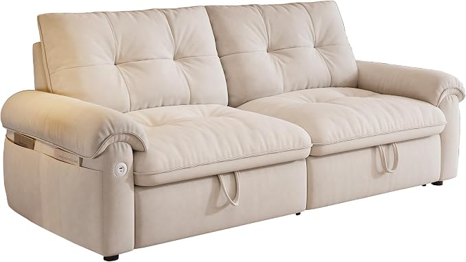 77.2'' Pull Out Couch Full Size, Pre-Assembled Sleeper Sofa Bed, Flannel Convertible Futon Sofa Bed with Adjustable Backrest, USB, Side Pocket, Loveseat for Living Room, Apartment, Beige