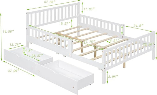 Kids Full Size Bed Frame with Storage Drawers, Wood Full Bed Frames for Kids, Full Bed Frame with Headboard and Footboard for Boys Girls, No Box Spring Needed,White