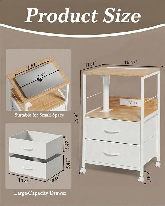 Faesun Swivel Lift Top Nightstand with Charging Station, Rolling Side Table for Recliner, Bedside Table with Wheels & 2 Fabric Drawers, for Small Spaces, for Bedroom, Living Room, Oak White