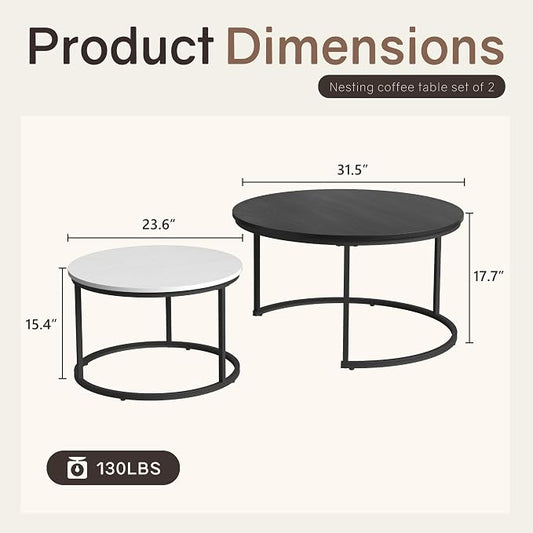 Otterease Nesting Tables Set of 2, 31.5" Round Coffee Table, Small Nesting Coffee Table with Adjustable Non-Slip Fee, Wood Grain Top Nesting Tables for Living Room, Bedroom (Wood Grain Black&White)