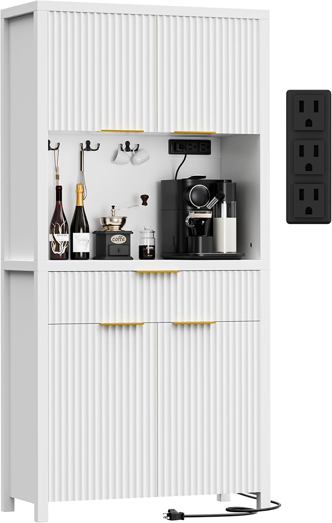 Lulive White Fluted Pantry Cabinet with Charging Station, Adjustable Shelves, Spacious Kitchen Storage Organizer with Open Countertop, Kitchen Hutch with Storage Drawers for Dining & Living Room | Adjustable Shelves, Open Countertop, Drawer, Spacious K...