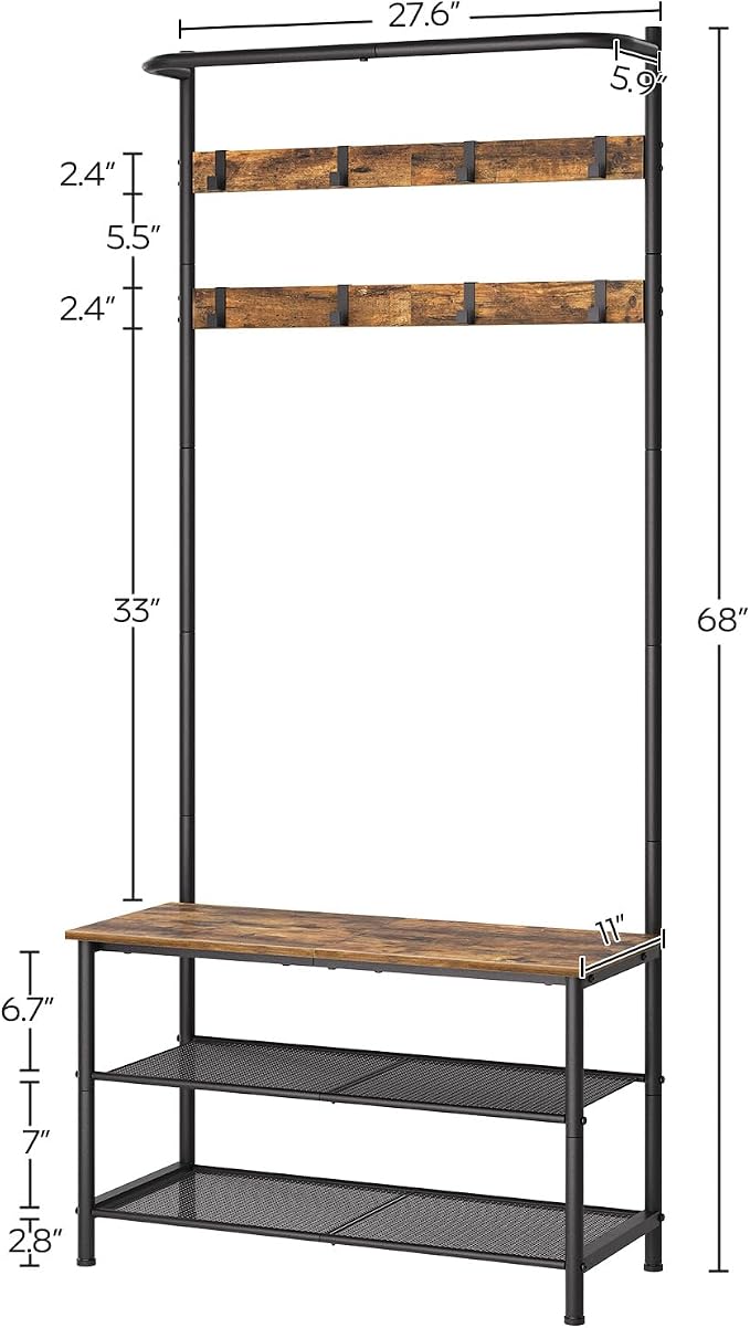 YATINEY Hall Tree, Coat Rack with Shoe Bench, 4-in-1 Entryway Bench with Storage Shelves, Hanging Rod and 8 Movable Hooks, Hall Tree with Storage Bench for Hallway, Rustic Brown and Black MT02BR