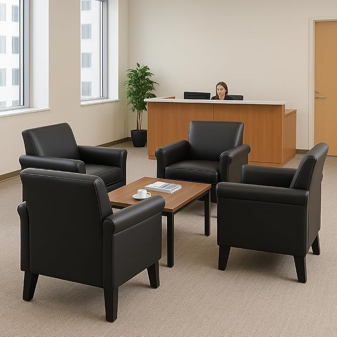 Faux Leather Accent Chair Set of 2, Mid Century Modern Living Room Chair, Upholstered Comfortable PU Leather Armchair for Bedroom, Office or Waiting Areas-Black